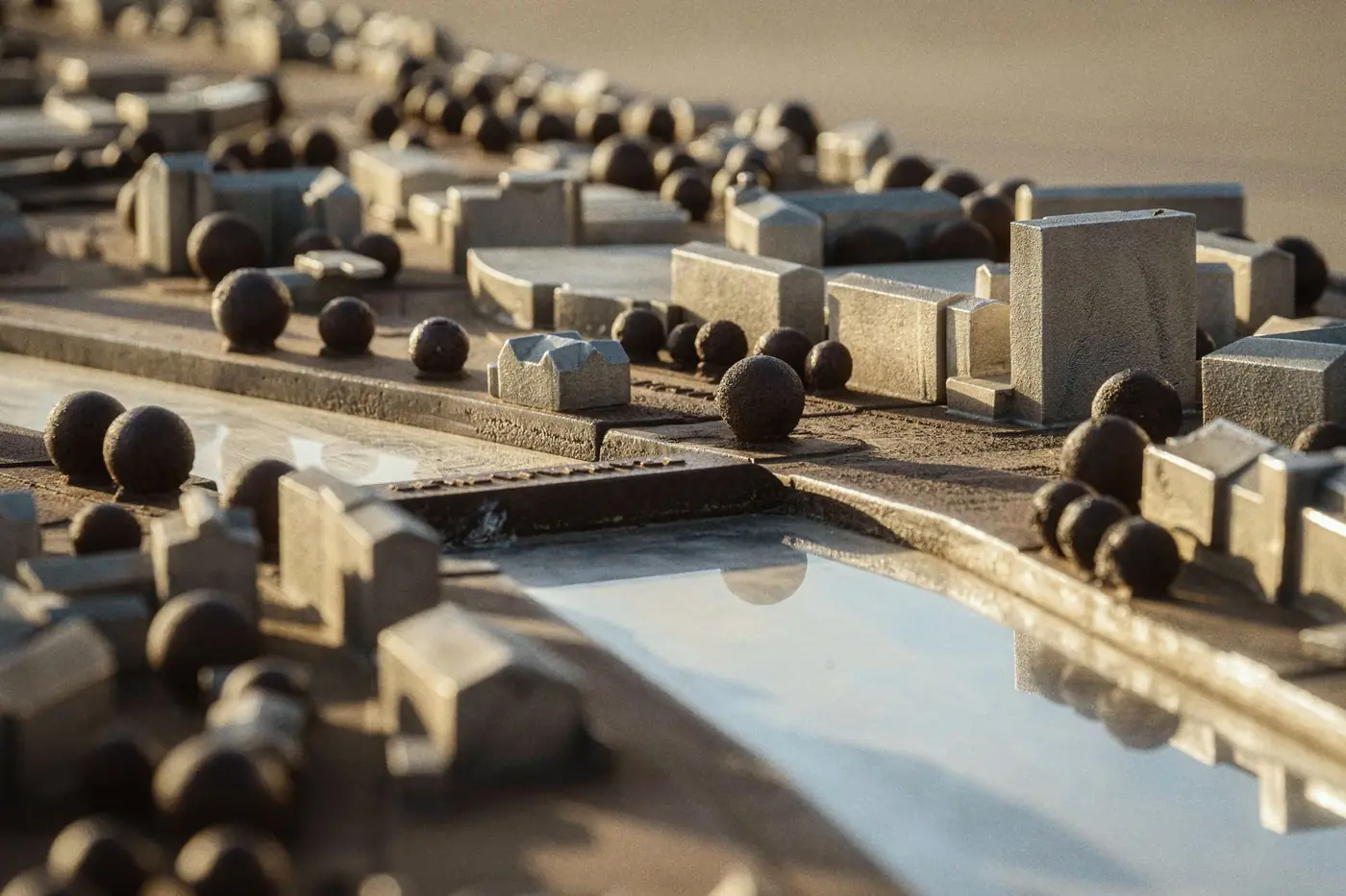 Architectural massing model of buildings beside a river