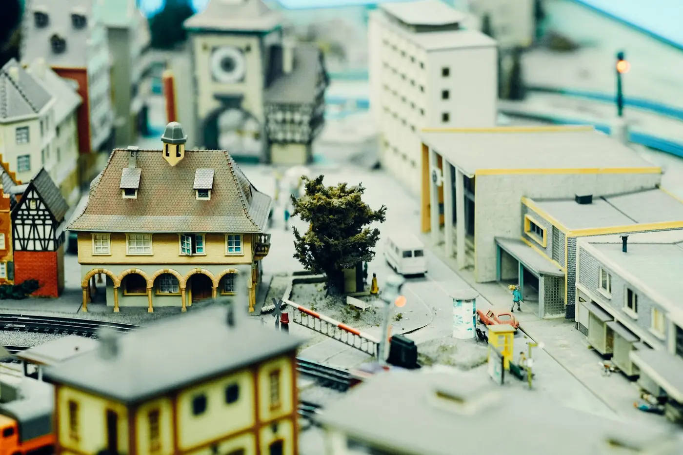 Detailed scale model of a town square with painted buildings
