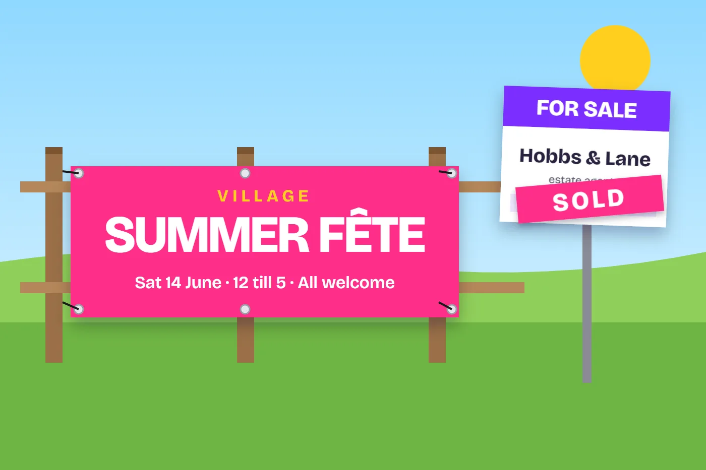 Illustration of a pink summer fête banner on a fence beside an estate agent SOLD board