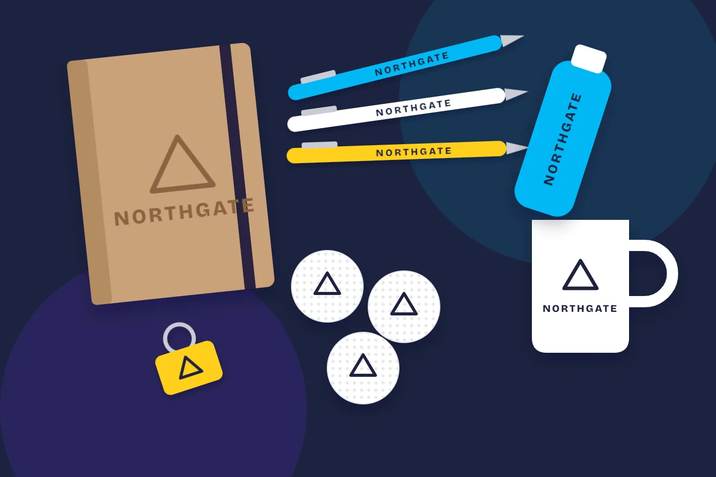 Illustration of branded corporate gifts: notebook, pens, golf balls, mug, bottle and keyring