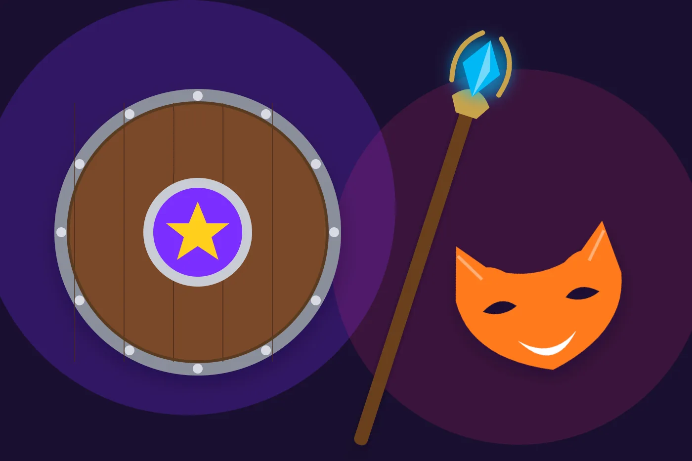 Illustration of a 3D printed cosplay shield, staff and fox mask