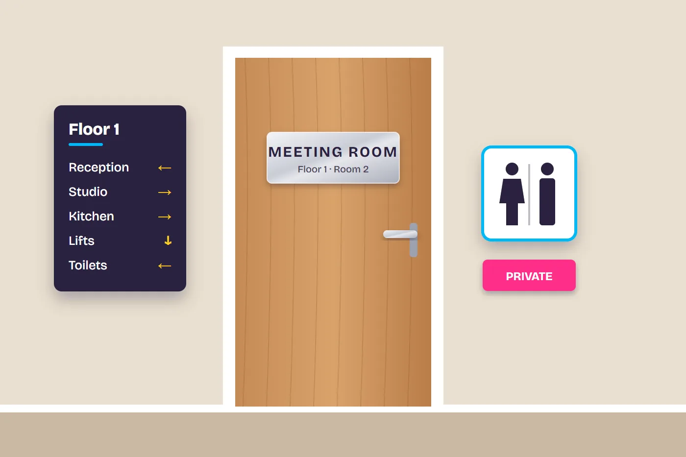 Illustration of a brushed metal meeting room door plaque, a floor directory and toilet signs