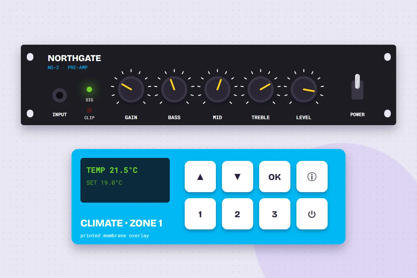 Illustration of a printed equipment front panel and a membrane keypad overlay