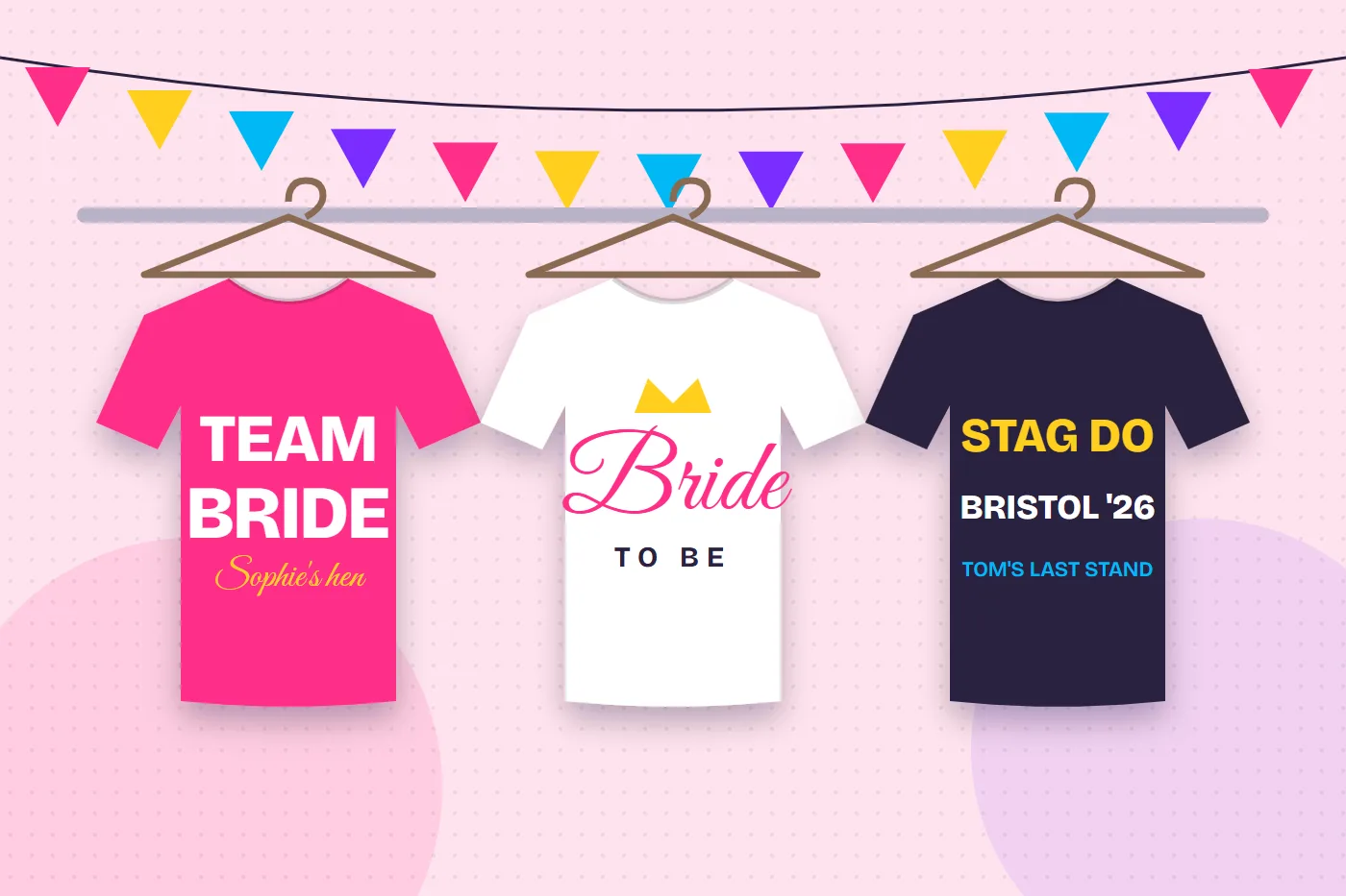 Illustration of printed hen party and stag do t-shirts hanging under bunting