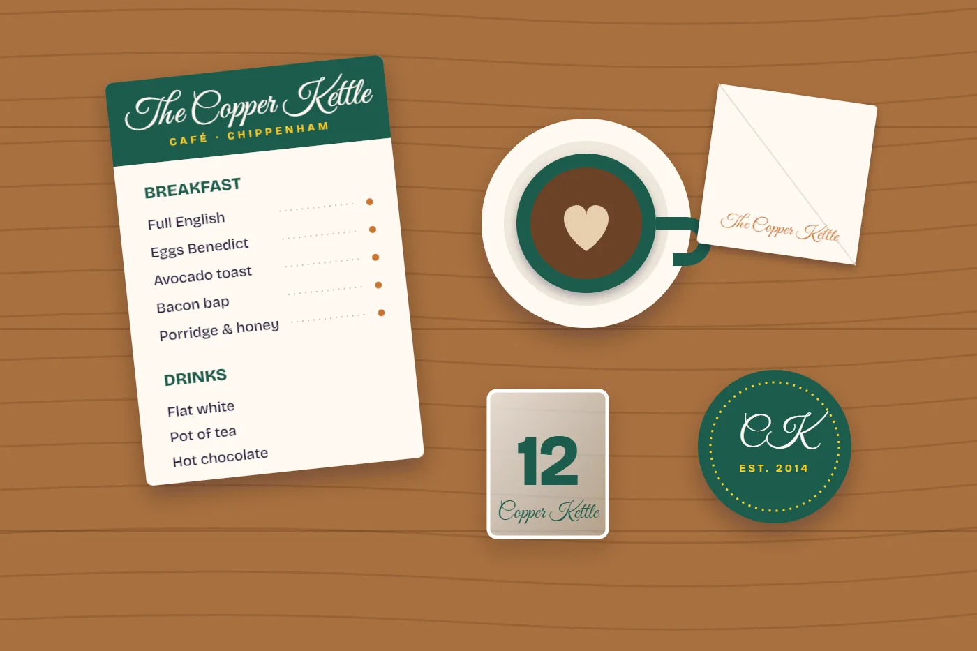 Illustration of a branded café menu, coffee cup, table number and logo on a wooden table