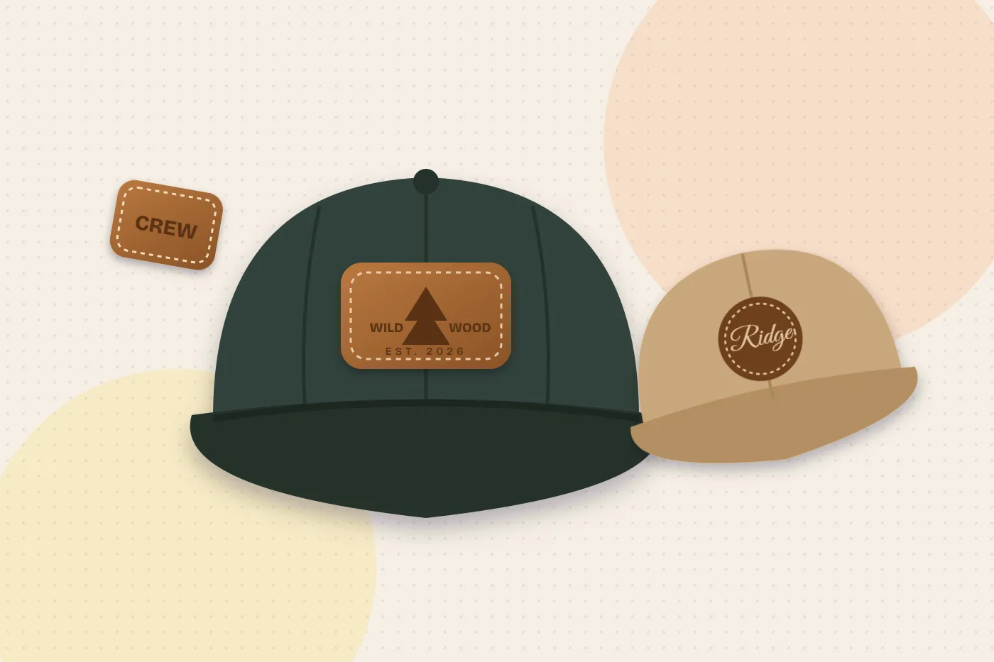 Illustration of caps with engraved leatherette logo patches