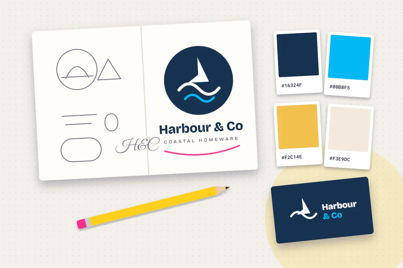 Illustration of logo sketches, a finished logo, colour swatches and a business card