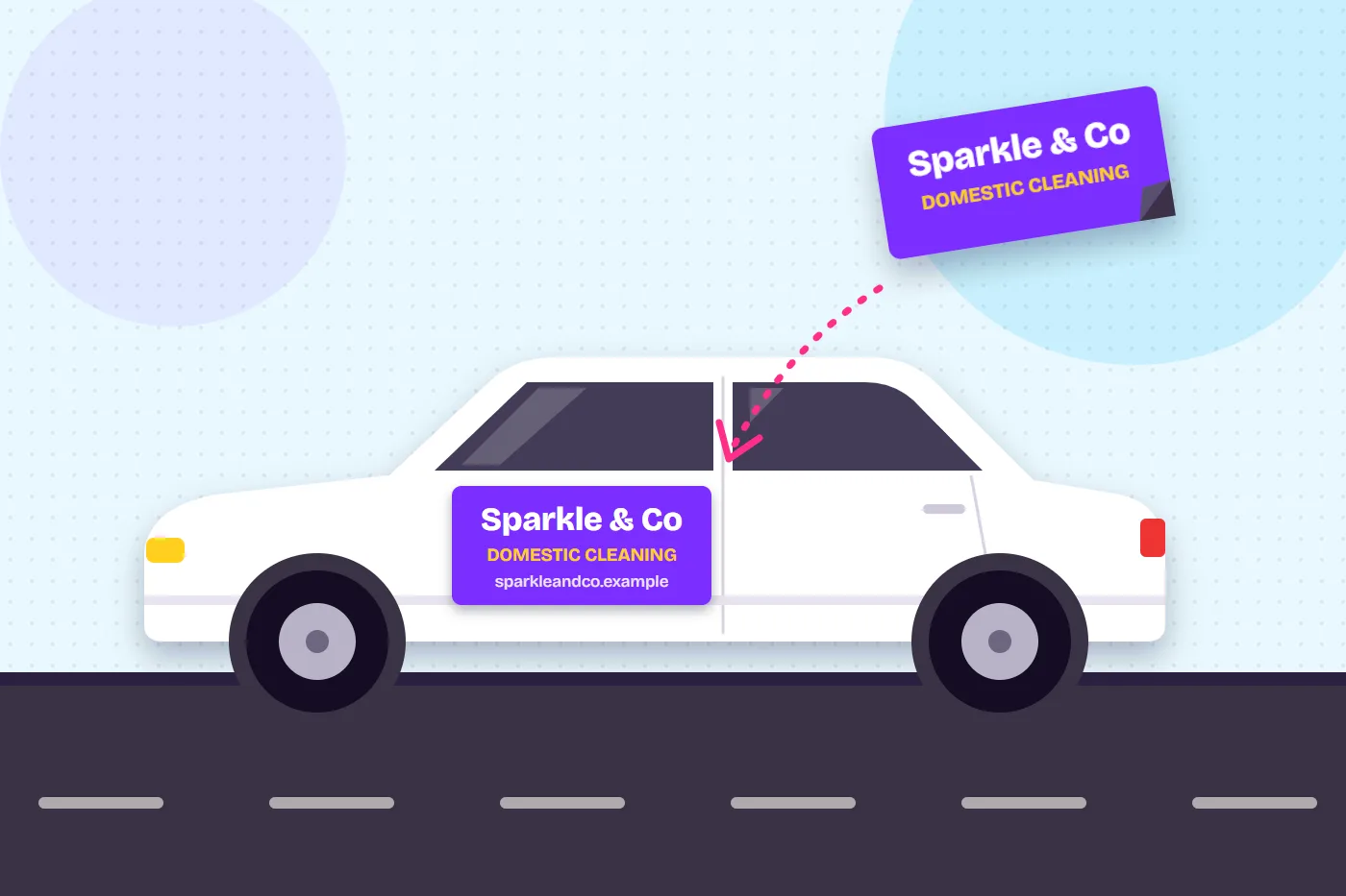 Illustration of a white car with a purple magnetic door sign for a cleaning business