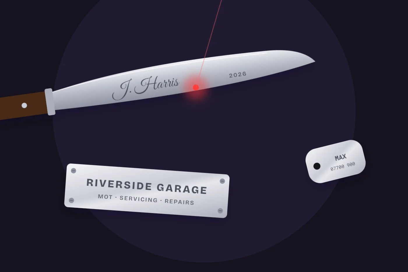Illustration of a laser engraving a name onto a knife blade beside an engraved steel plate
