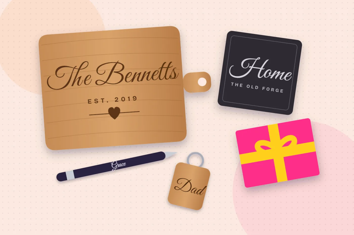 Illustration of personalised gifts: an engraved chopping board, slate, pen and keyring