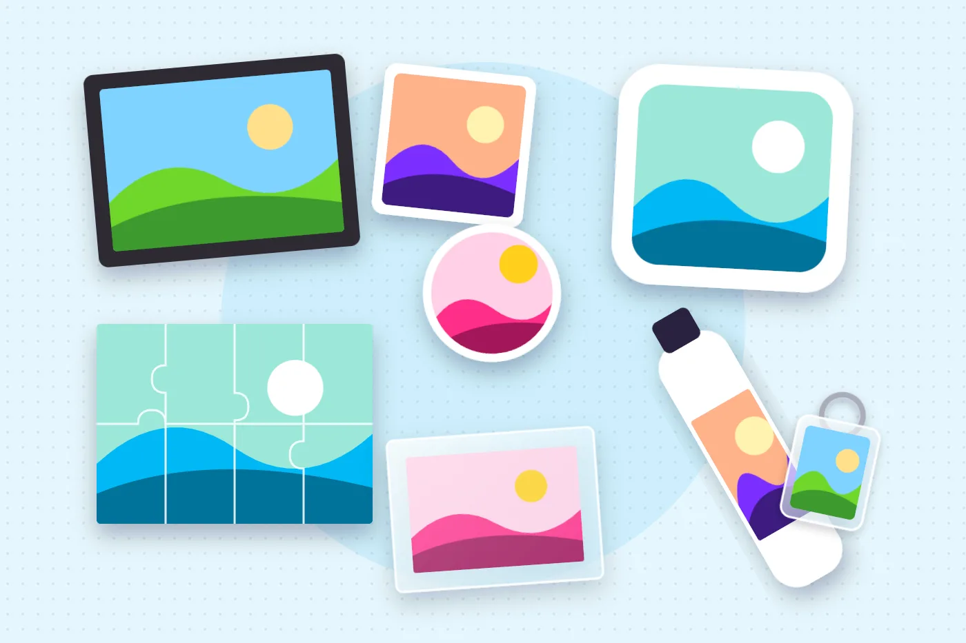 Illustration of photo gifts: a slate, coaster, jigsaw, acrylic block, water bottle and keyring