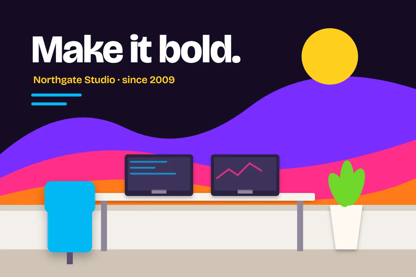 Illustration of an office wall mural with a bold slogan above a row of desks